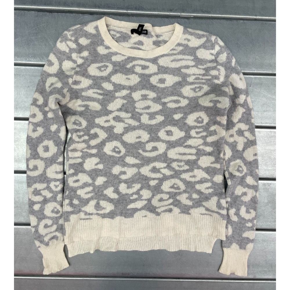Aqua Cashmere Sweater Womens Small Gray Leopard Print Pullover
